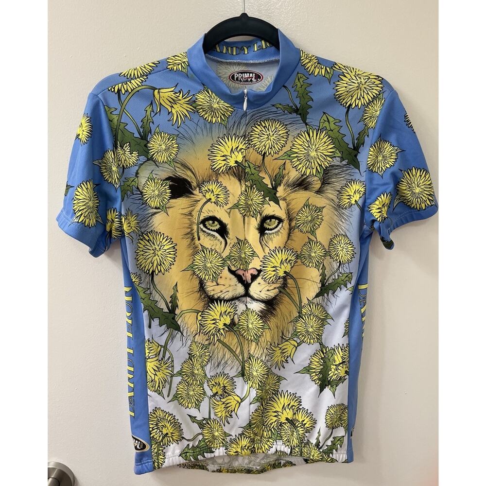 Primal SIZE Large Short-Sleeve Cycling Jersey Floral Lion Print Zip blue yellow - Picture 2 of 8
